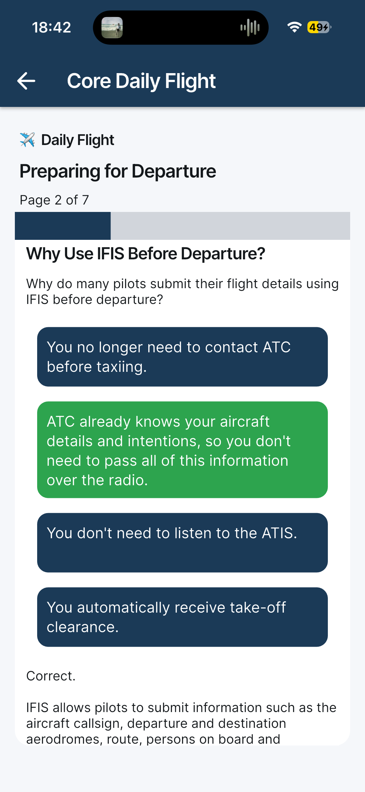 A Daily Flight lesson in Aviate showing a question about using IFIS before departure