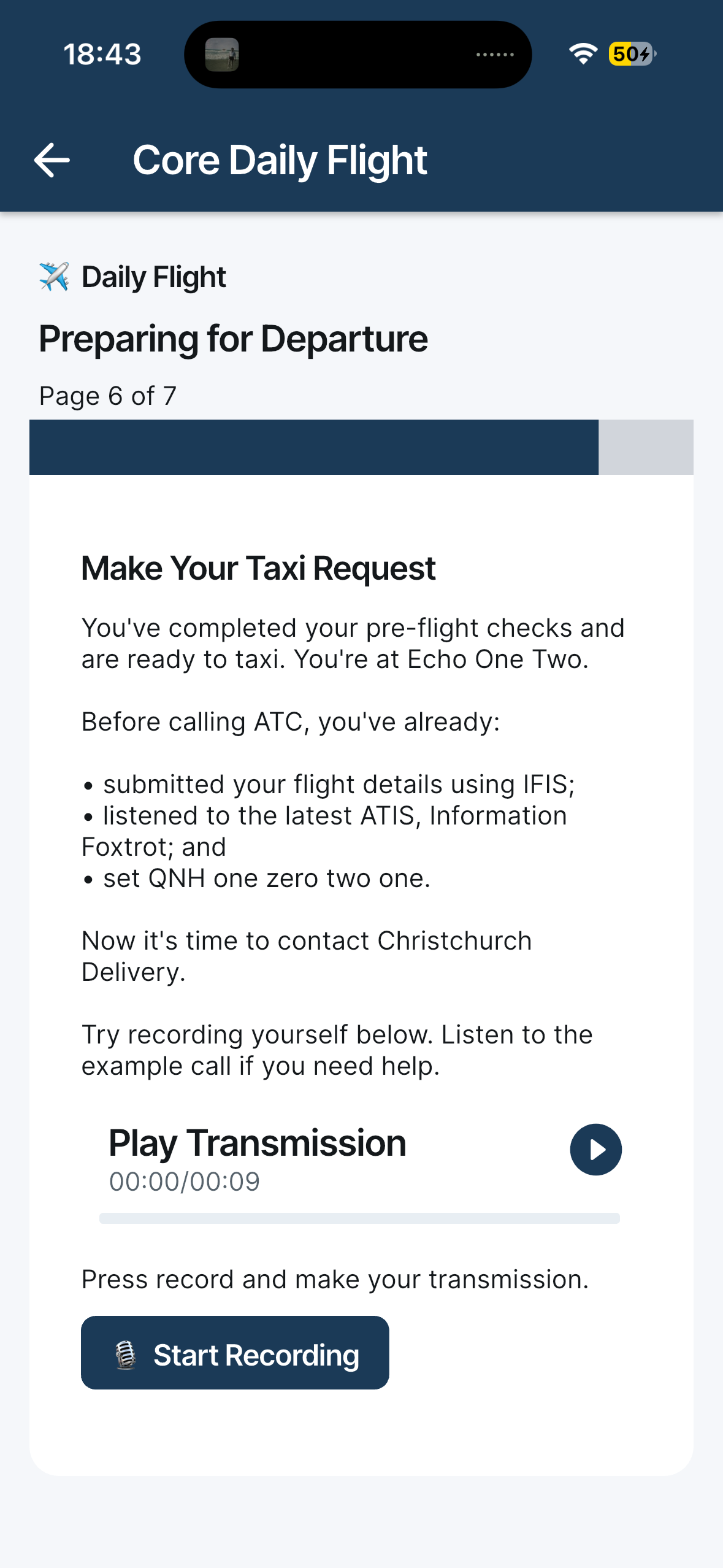 Aviate Flight Radio voice practice screen