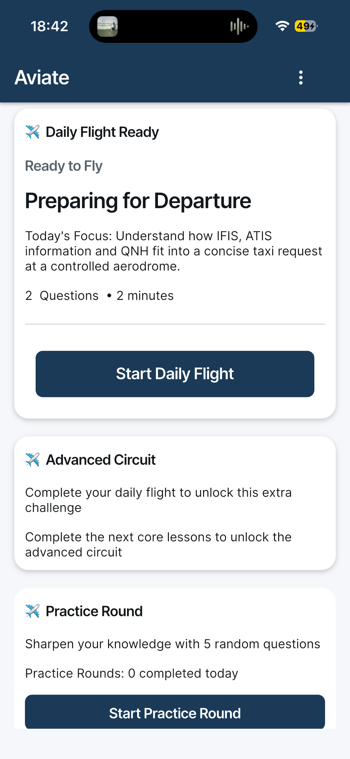 Aviate Daily Flight home screen