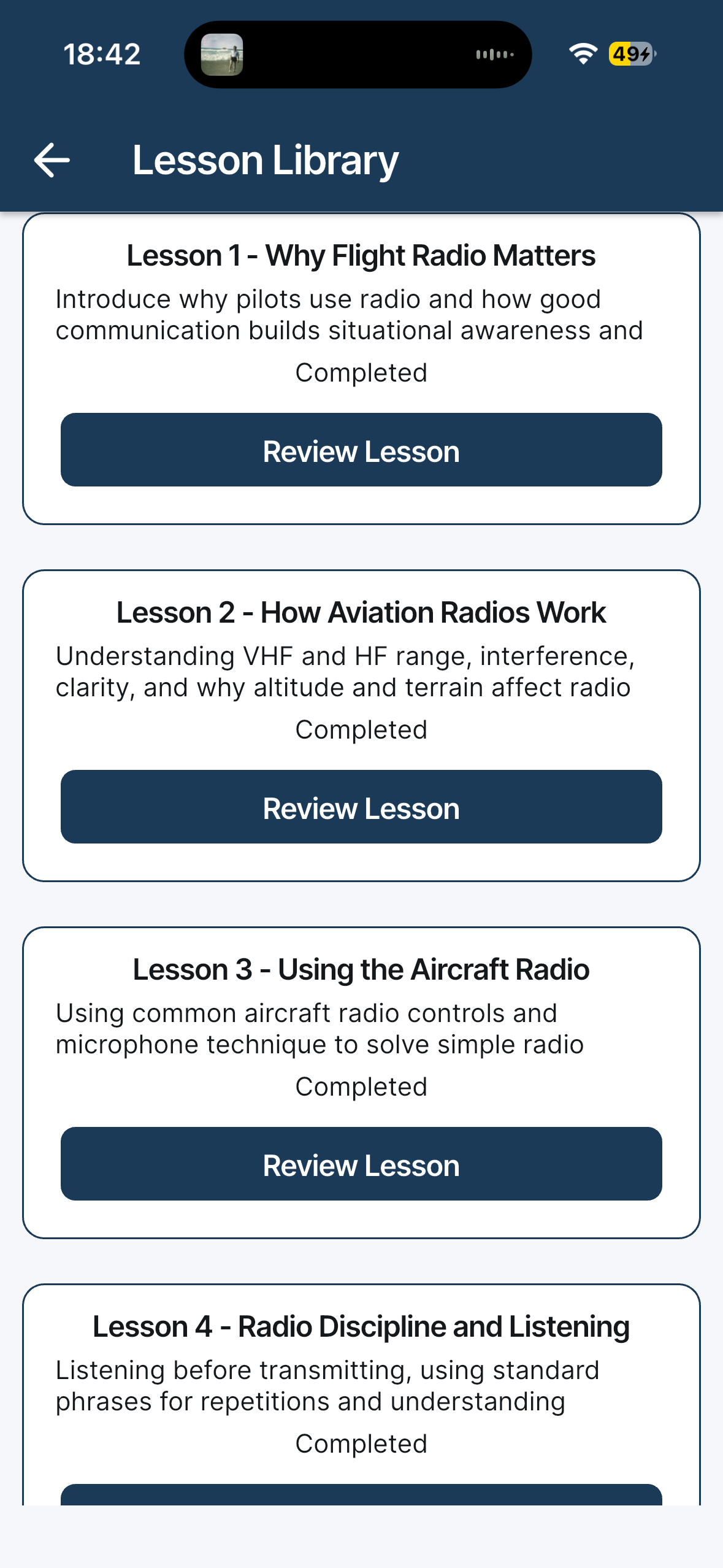 Aviate Lesson Library screen