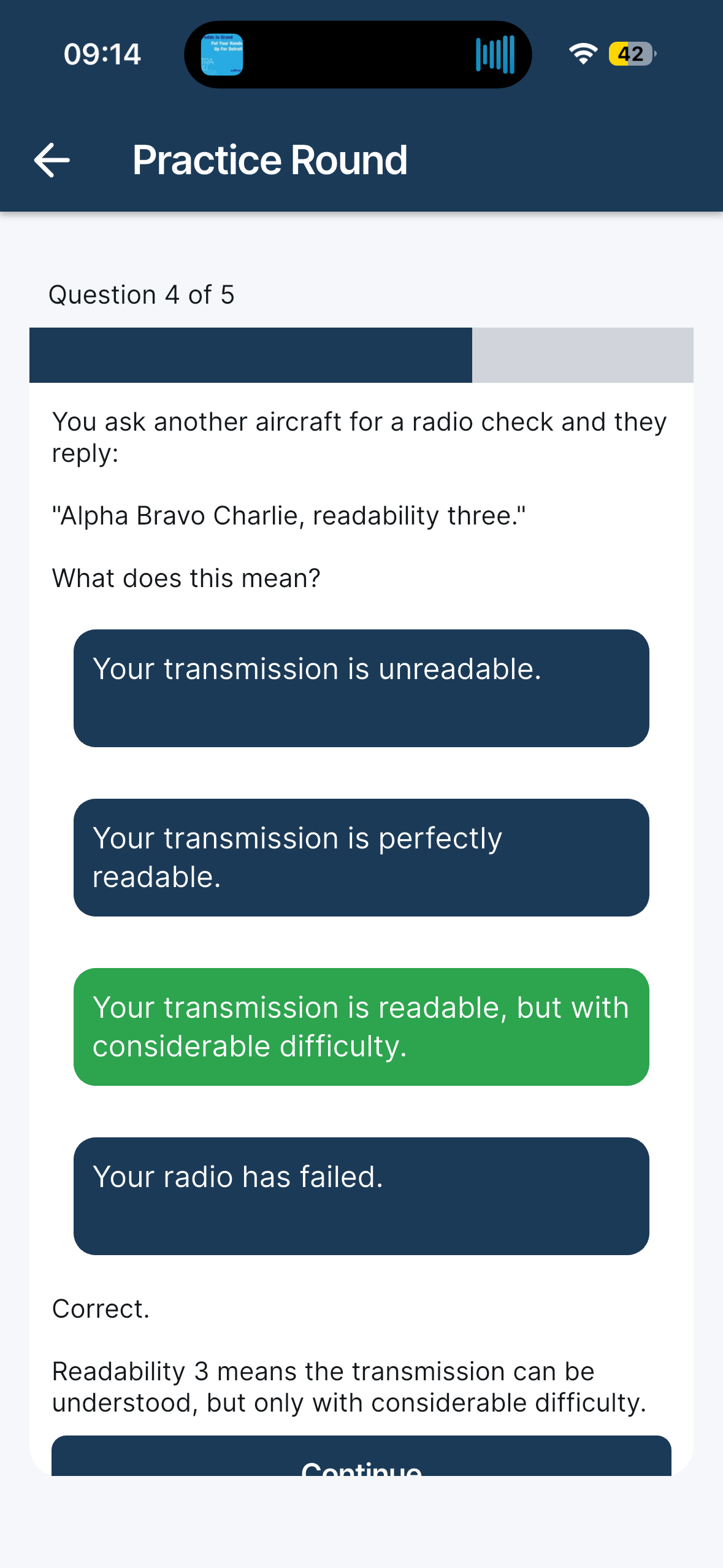 Aviate Practice Round question screen