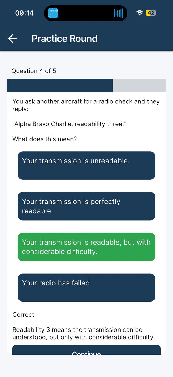 Aviate Practice Round question screen